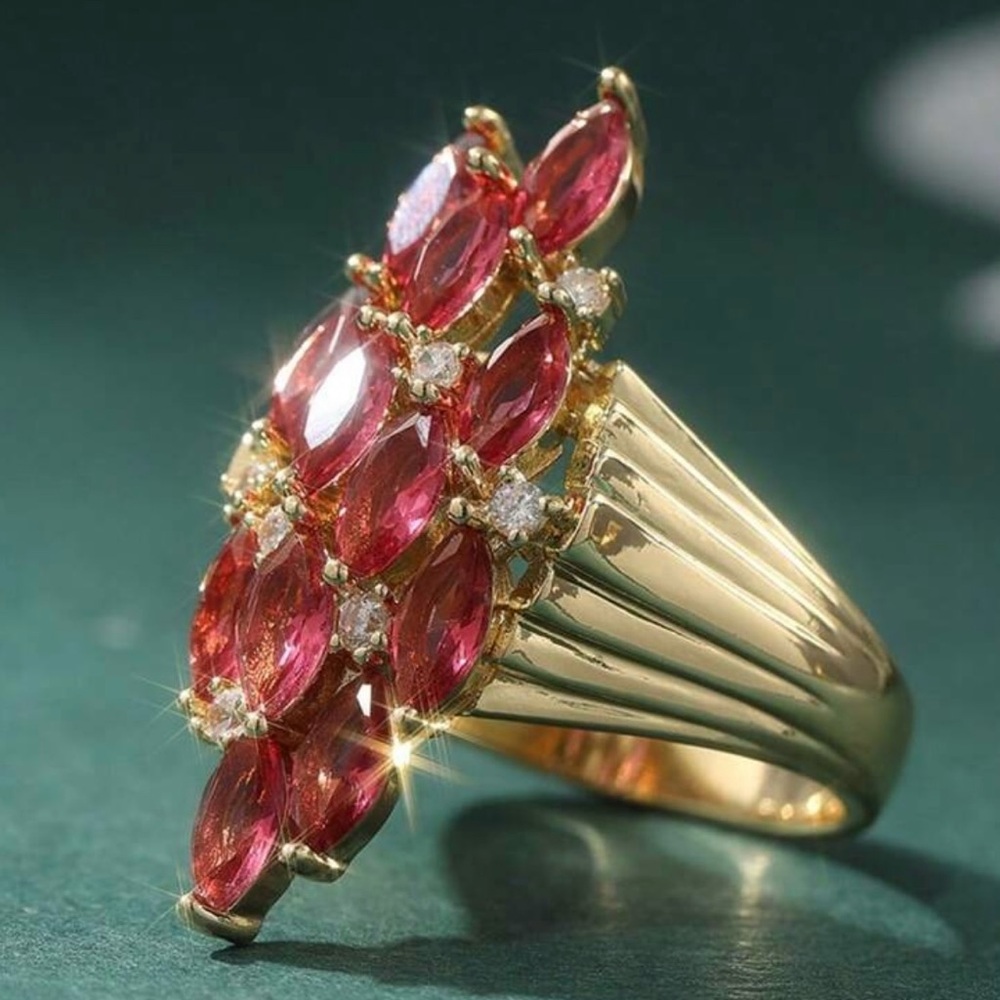 Elegant Marquise Gold Tone and Red Synthetic Zirconia Ring